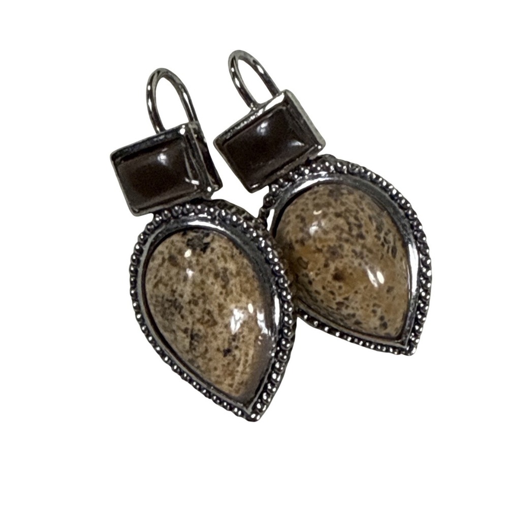 Vintage Roman‎ Signed RMN Jasper Natural Stone Dangle Teardrop Earrings